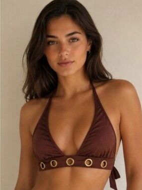 Gibson Latimer Brown Halter Bikini Top with Gold Ring Accents